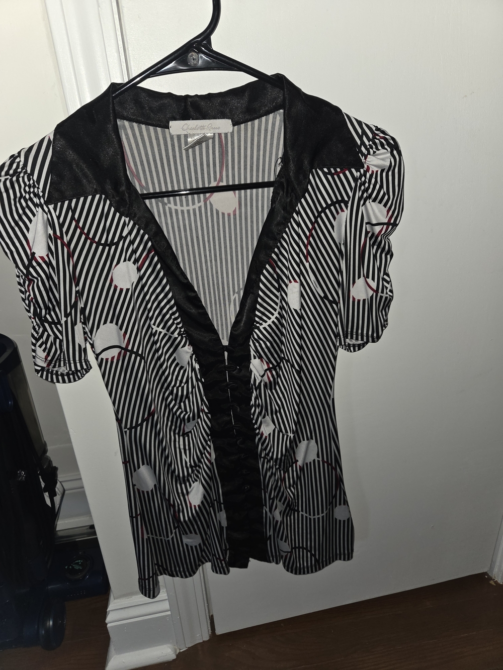 Charlotte Russe Black & White Striped V-Neck Blouse with Red Accents